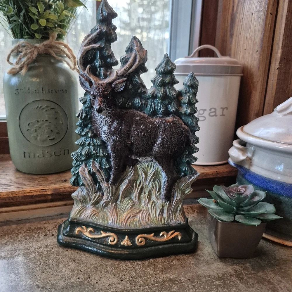 Vintage Cast Metal Deer In Woods Woodland Heavy Handpainted Door Stop / Book End